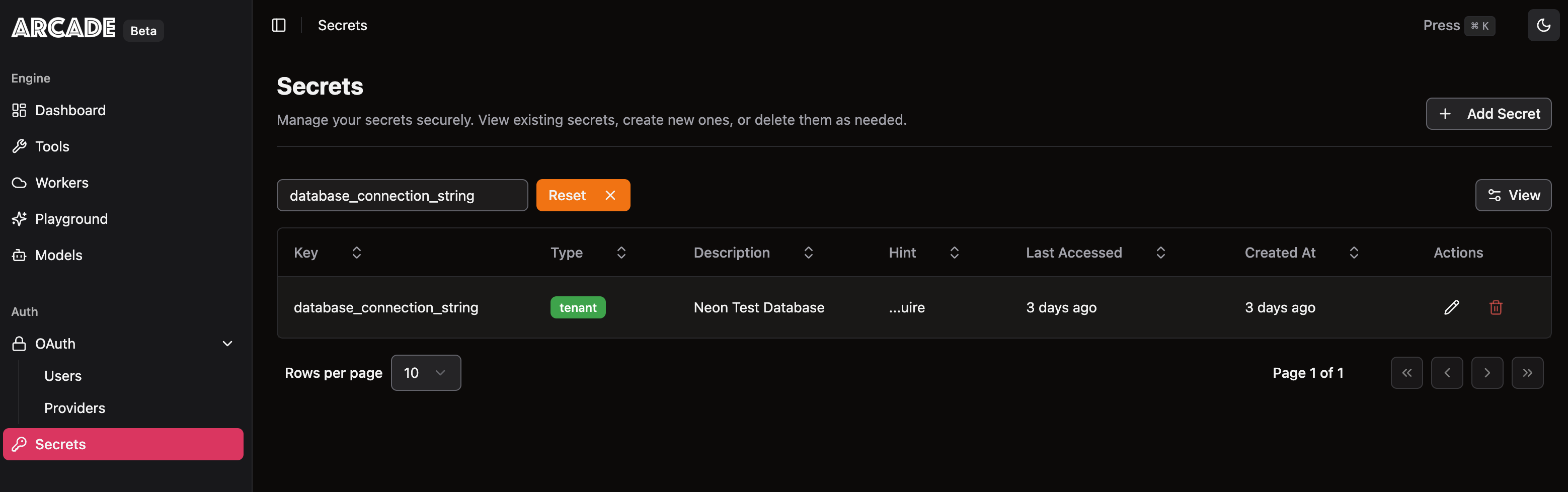 An image showing how the Arcade UI allows users to manage secrets